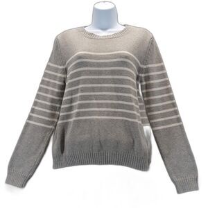 Gap Womens Sz M Sweater Cotten Knit Gray White Striped Crew Neck Casual Classic